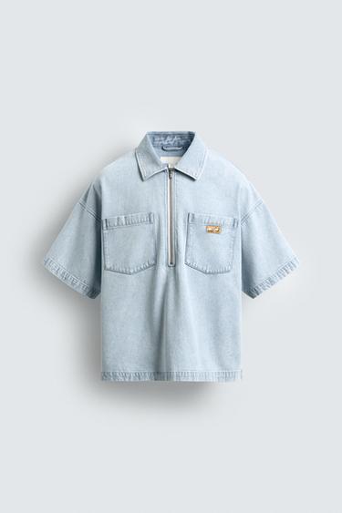 Zara POLO MAJICA OD LAGANOG TEKSASA – svetloplava