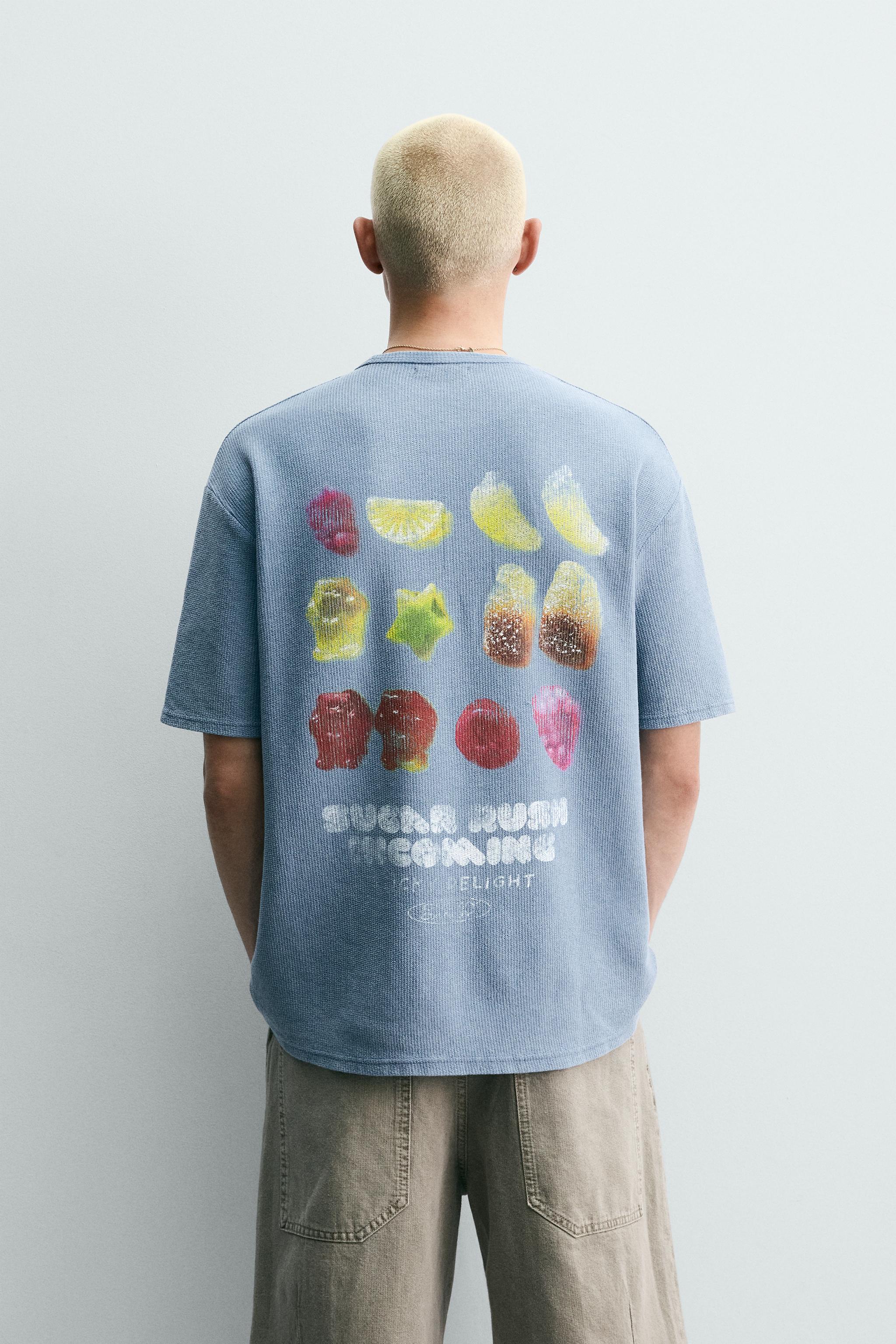 T-SHIRT EN MAILLE LAVÉE IMPRIMÉ BONBONS - Bleu ciel délavé | ZARA