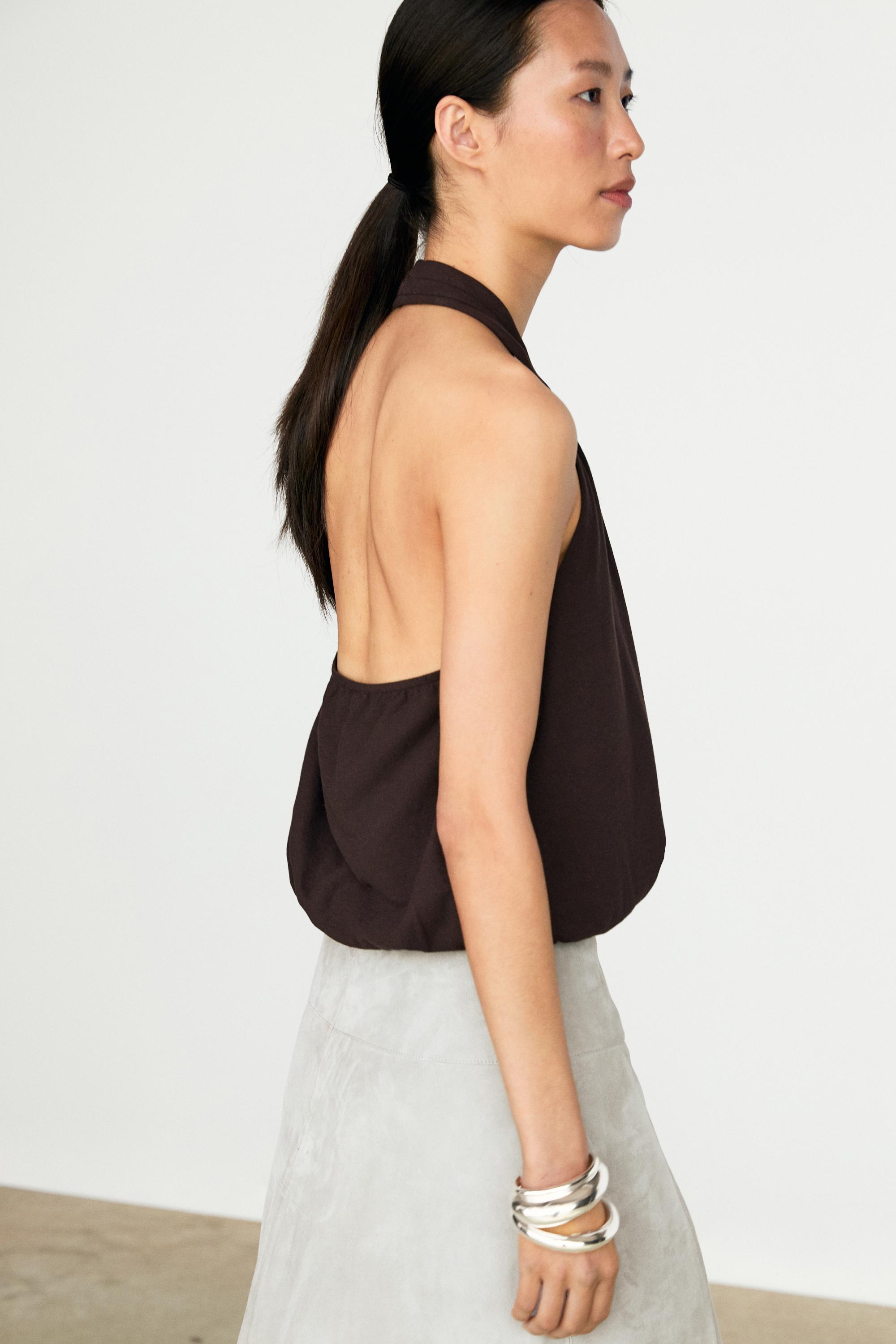 Cotton halter top with elasticated hem