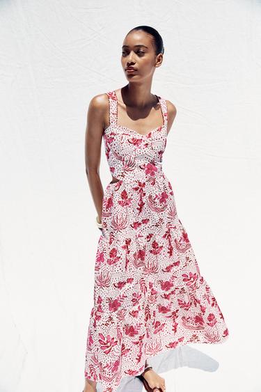 Zara PRINTED CUT OUT MIDI DRESS - Pink / White