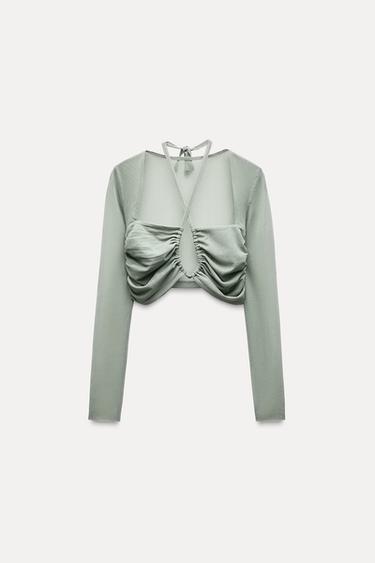 Zara TULLE CROP TOP - Sea green