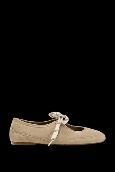 Zara SPLIT LEATHER LACE-UP BALLET FLATS - Sandy Brown - Image 0
