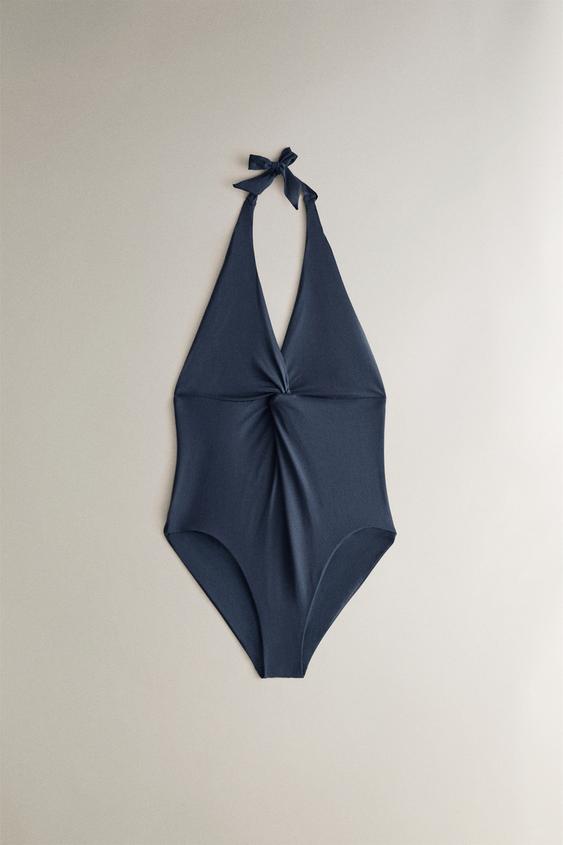 Zara HALTER NECK TIE BEACH SWIMSUIT - Mid-blue - Image 0