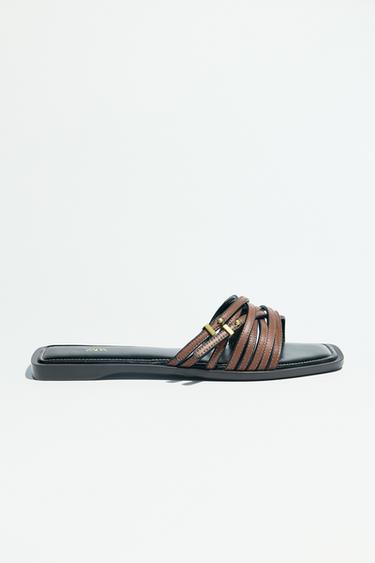 LEATHER STRAPPY SLIDERS WITH BUCKLE - Brown by Zara