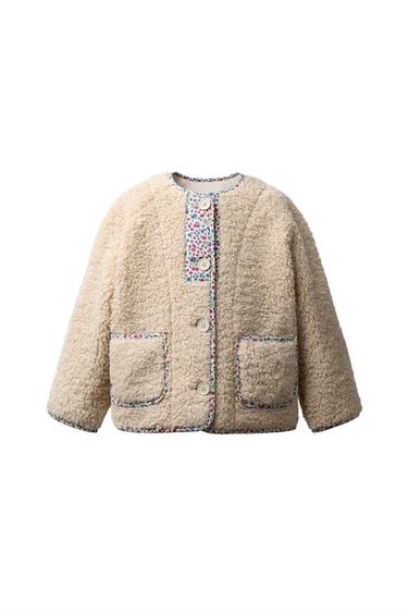 Zara FLEECE JACKET WITH FLORAL TRIM - Ecru