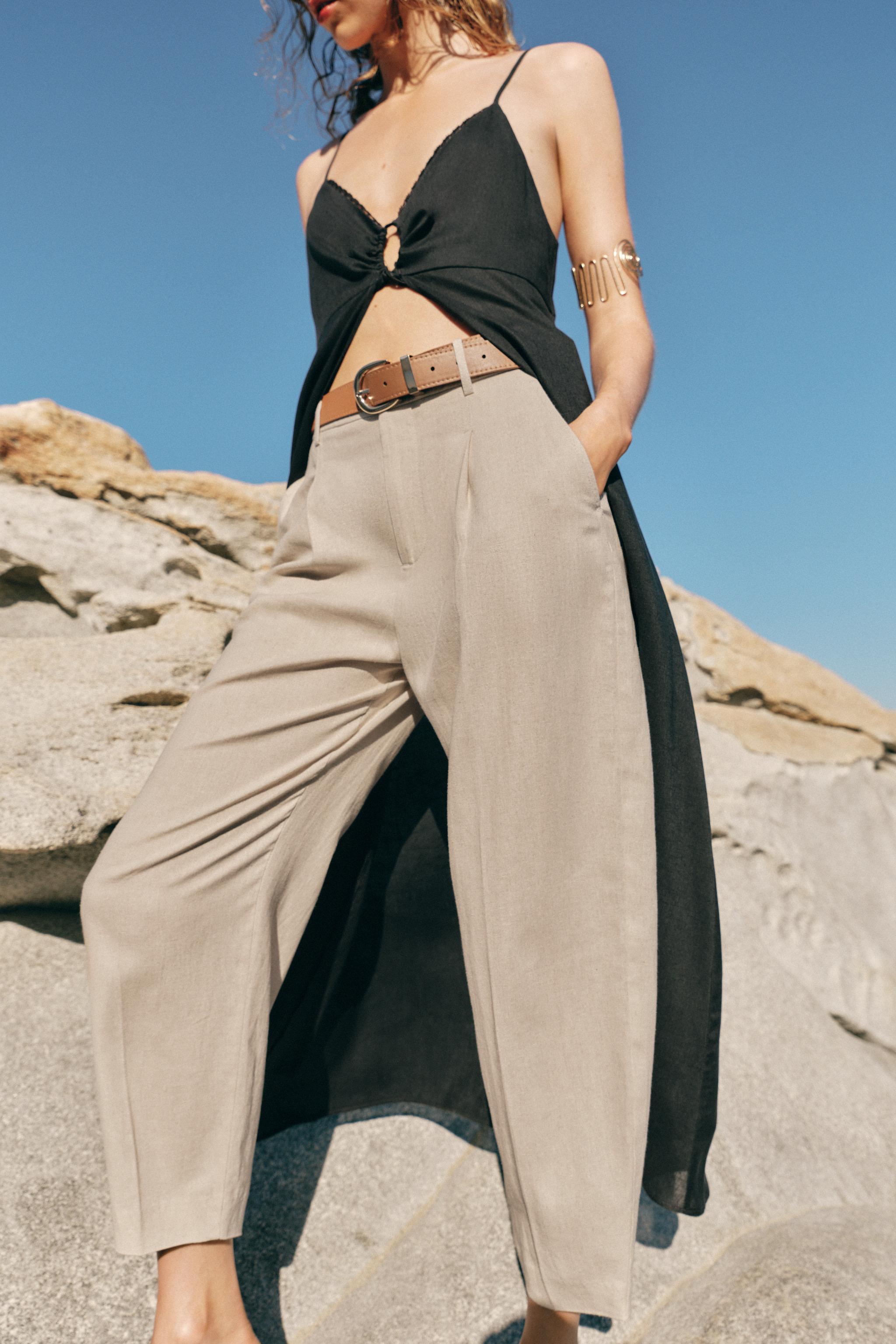 LINEN PANTS WITH BELT AND PLEATS — Light beige