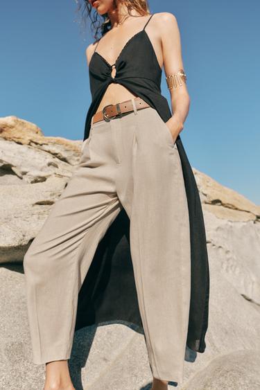 LINEN BLEND CROPPED TROUSERS WITH BELT AND DARTS - Light beige by Zara