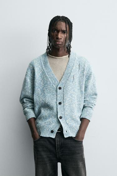 Zara DISTRESSED TWISTED YARN CARDIGAN - Light blue