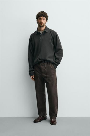 Zara CONTRAST COLLAR WAFFLE TEXTURED POLO SHIRT - Anthracite grey - Image 0