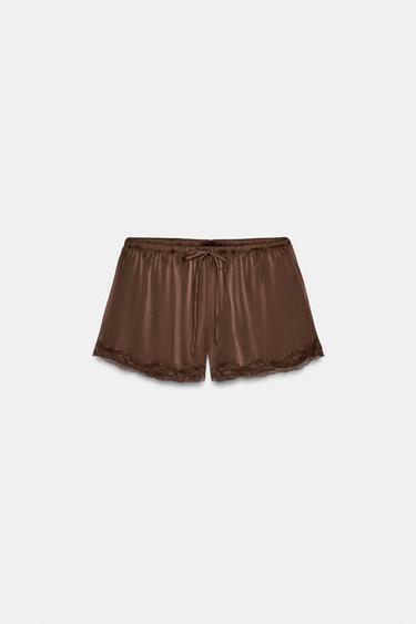 SHORT MINI ACETINADO DE RENDA - Marrom-escuro da Zara - Imagem 0