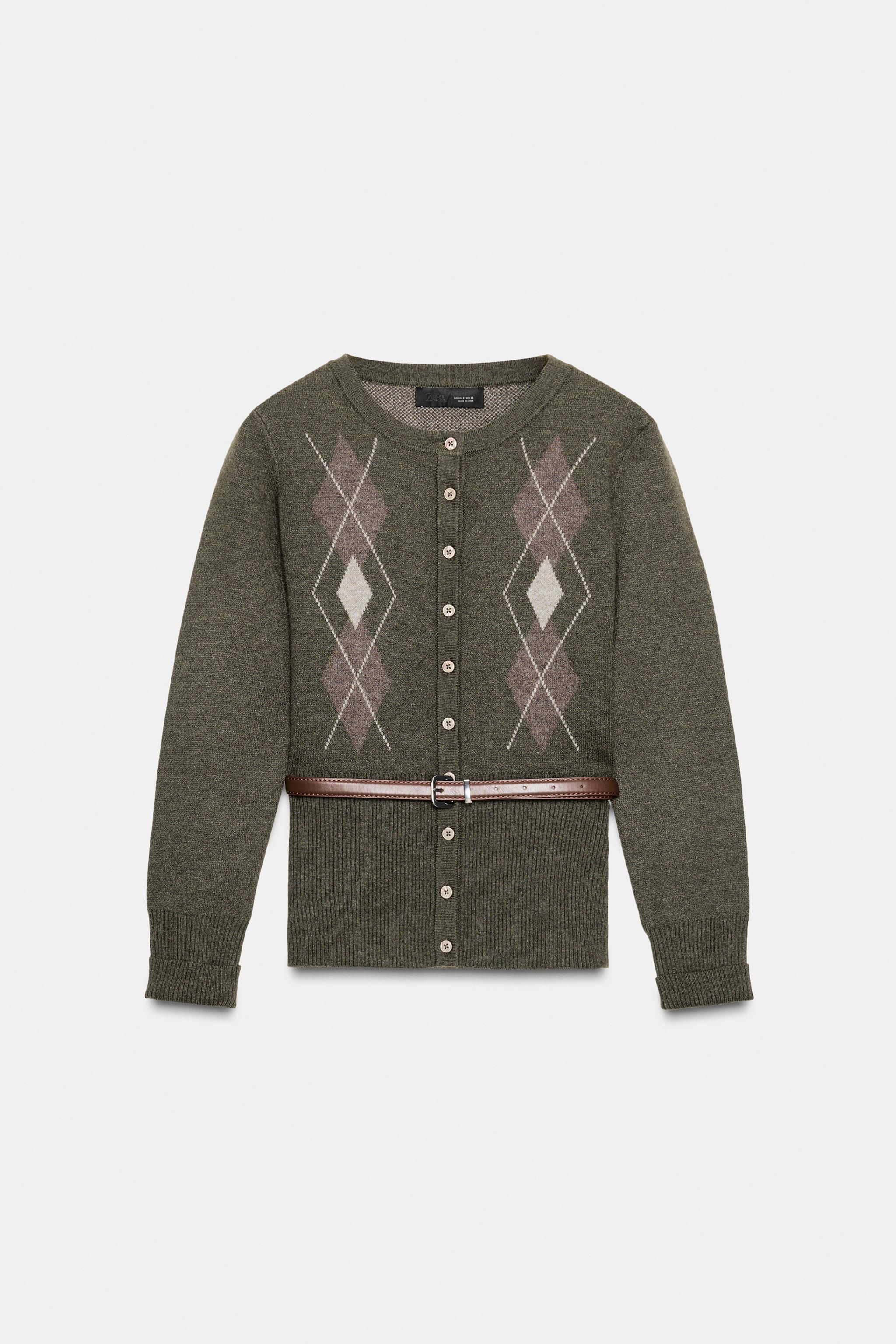 DIAMOND KNIT CARDIGAN WITH BELT - Dark khaki | ZARA India