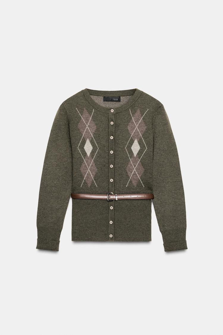 ARGYLE KNIT CARDIGAN WITH BELT
