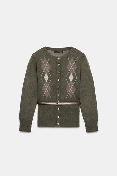 DIAMOND KNIT CARDIGAN WITH BELT - Dark khaki by Zara