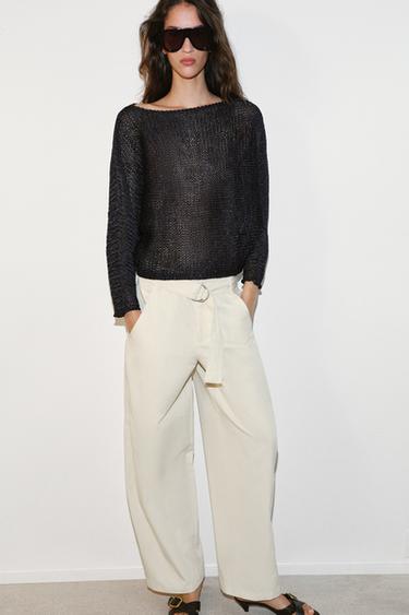 Zara BELTED BAGGY PANTS - Ecru