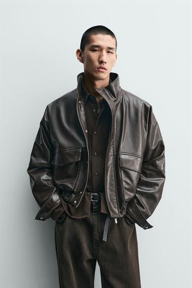 CROPPED FIT LEATHER EFFECT JACKET - Brown by Zara