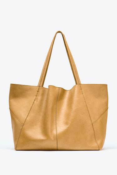 LEATHER MAXI TOTE BAG WITH TOPSTITCHING - camel by Zara - Image 0