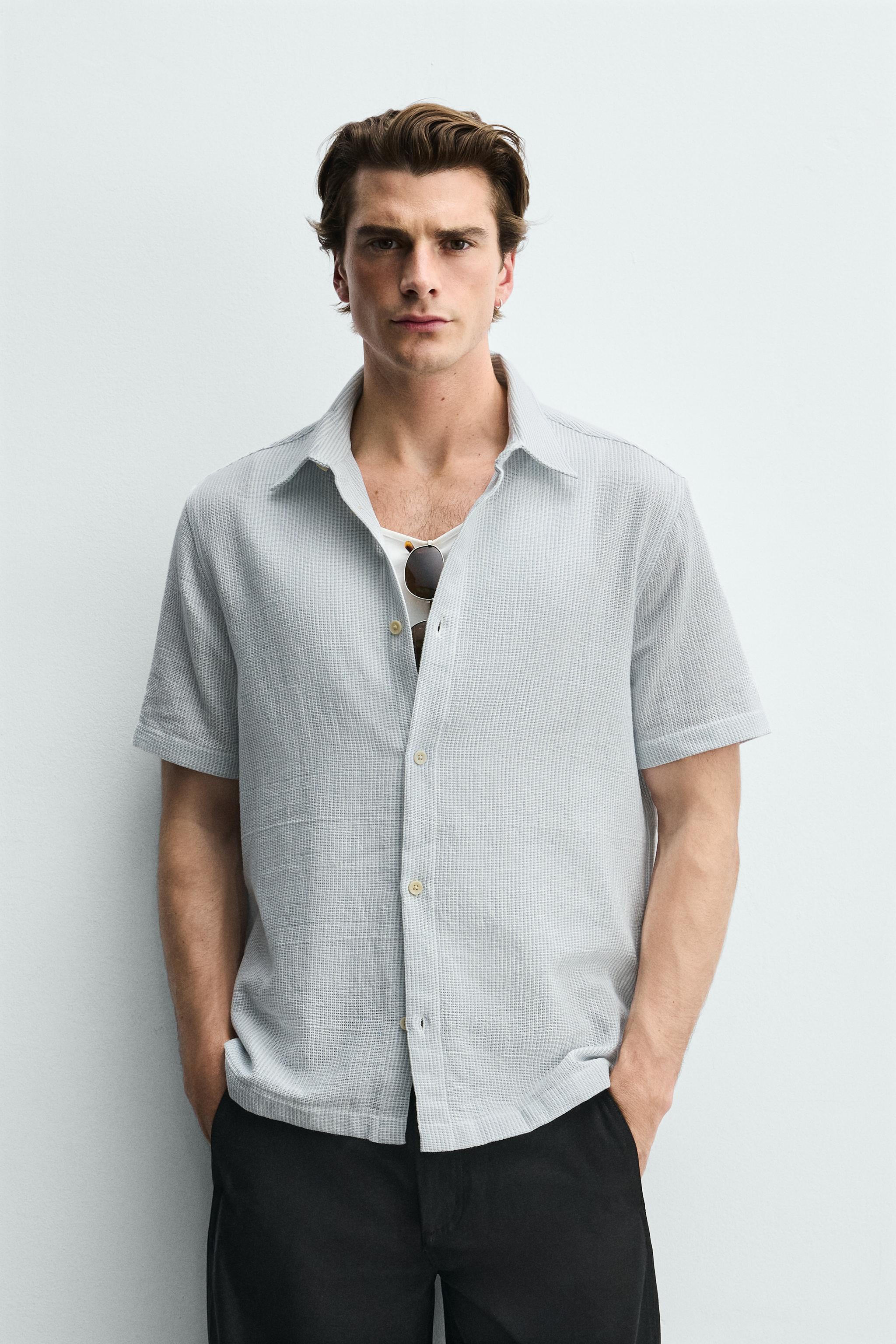 COMFORT TEXTURED SHIRT — White / Sky blue (alternate view)