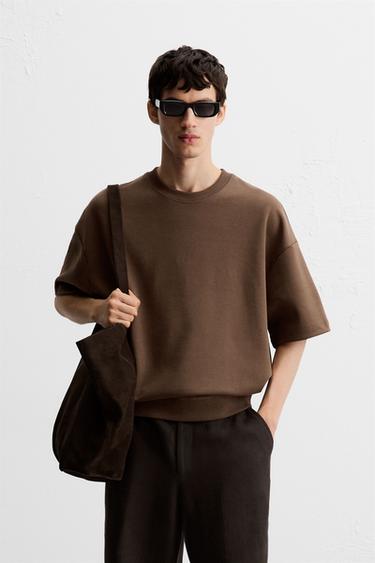 Zara TECHNICAL TEXTURED SWEATSHIRT - Brown