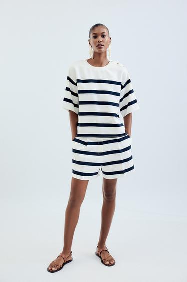 Zara PLEATED STRIPED SHORTS - White / Navy - Image 0