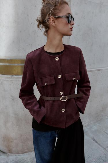 Zara FAUX SUEDE BELTED BLAZER - Burgundy