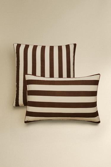 STRIPED WASHED COTTON PILLOWCASE - Brown by Zara