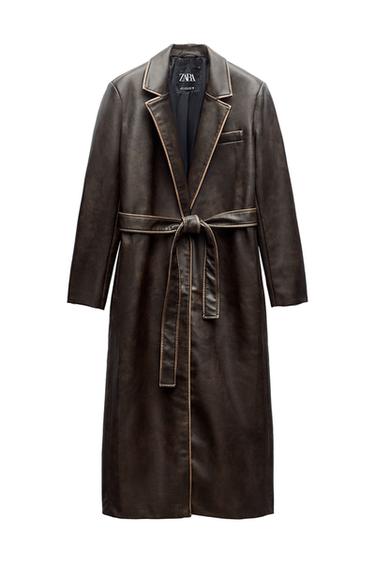 Front view of a long brown coat with lapels and a tied belt.