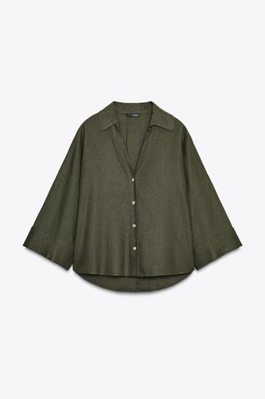 CHEMISE MANCHE LARGE AVEC LIN - Kaki foncé de Zara - Image 4
