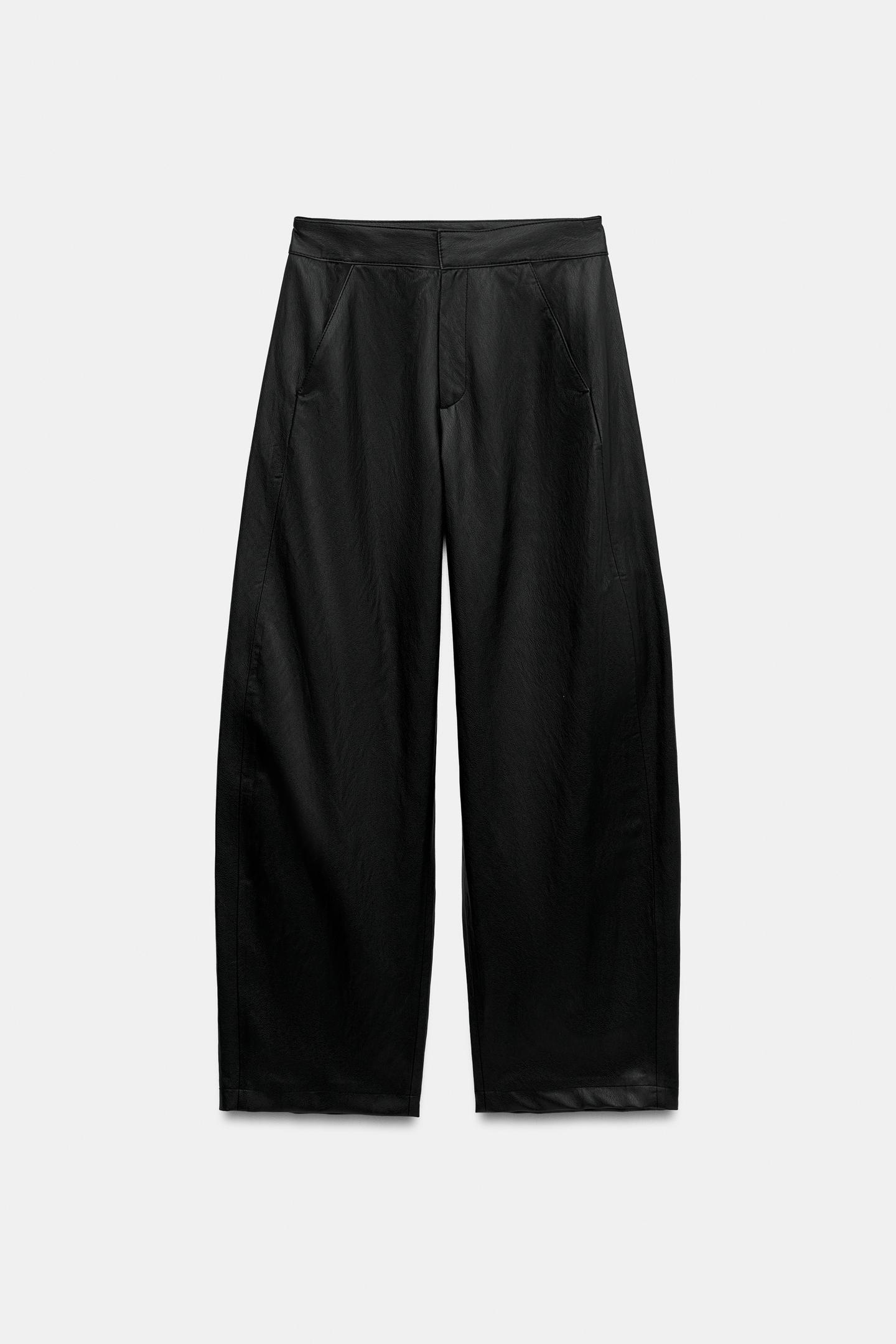 Женские брюки Zara Faux Leather Barrel, цвет: Чёрный — фото 7