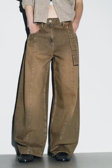 Zara TRF OVERSIZE BARREL LOW-RISE JEANS - Brown
