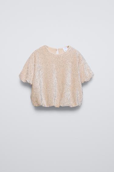 Zara BEADED VELVET T-SHIRT - Ecru