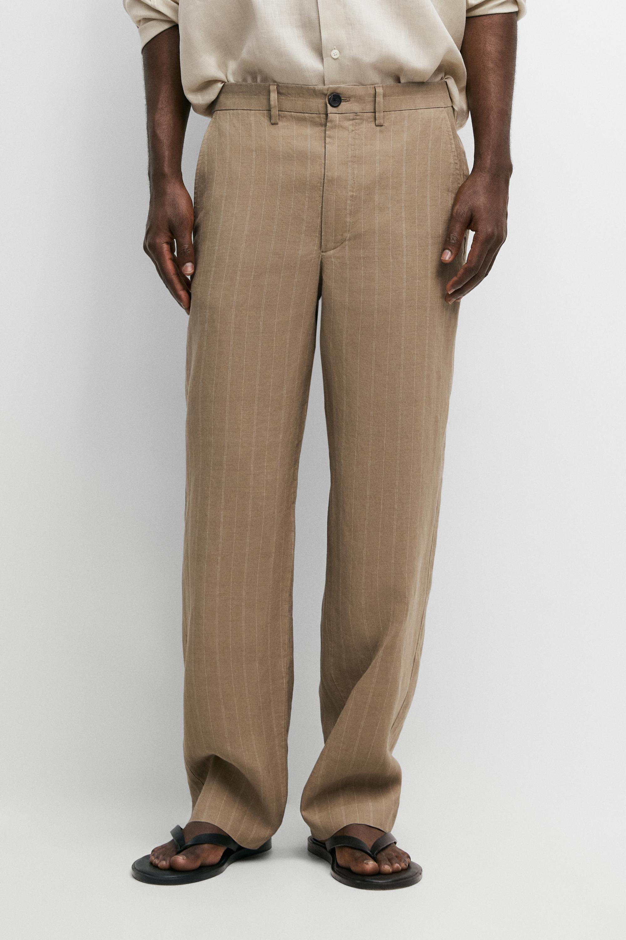 100% linen striped pants — Beige