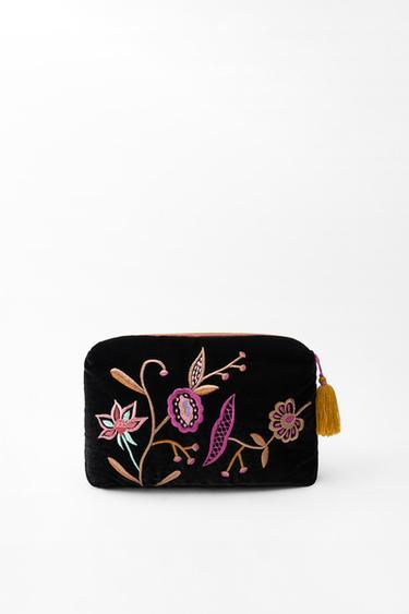 QUILTED VELVET TOILETRY BAG WITH SILK EMBROIDERY - Black by Zara