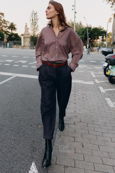 CAMISA POPELÍN RAYAS OVERSIZE - Marrón-Azul de Zara