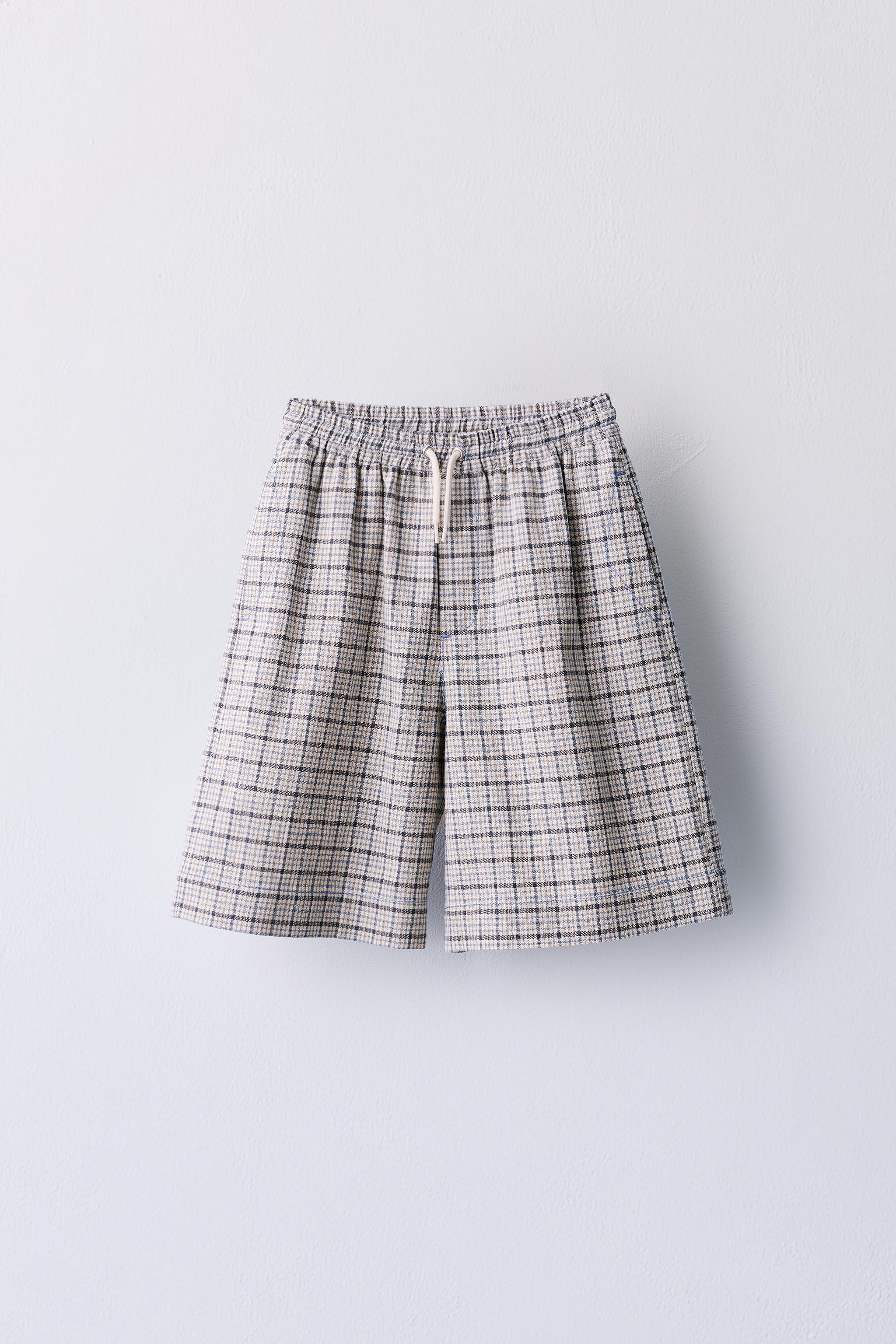 PLAID PRINT SHORTS — Ecru