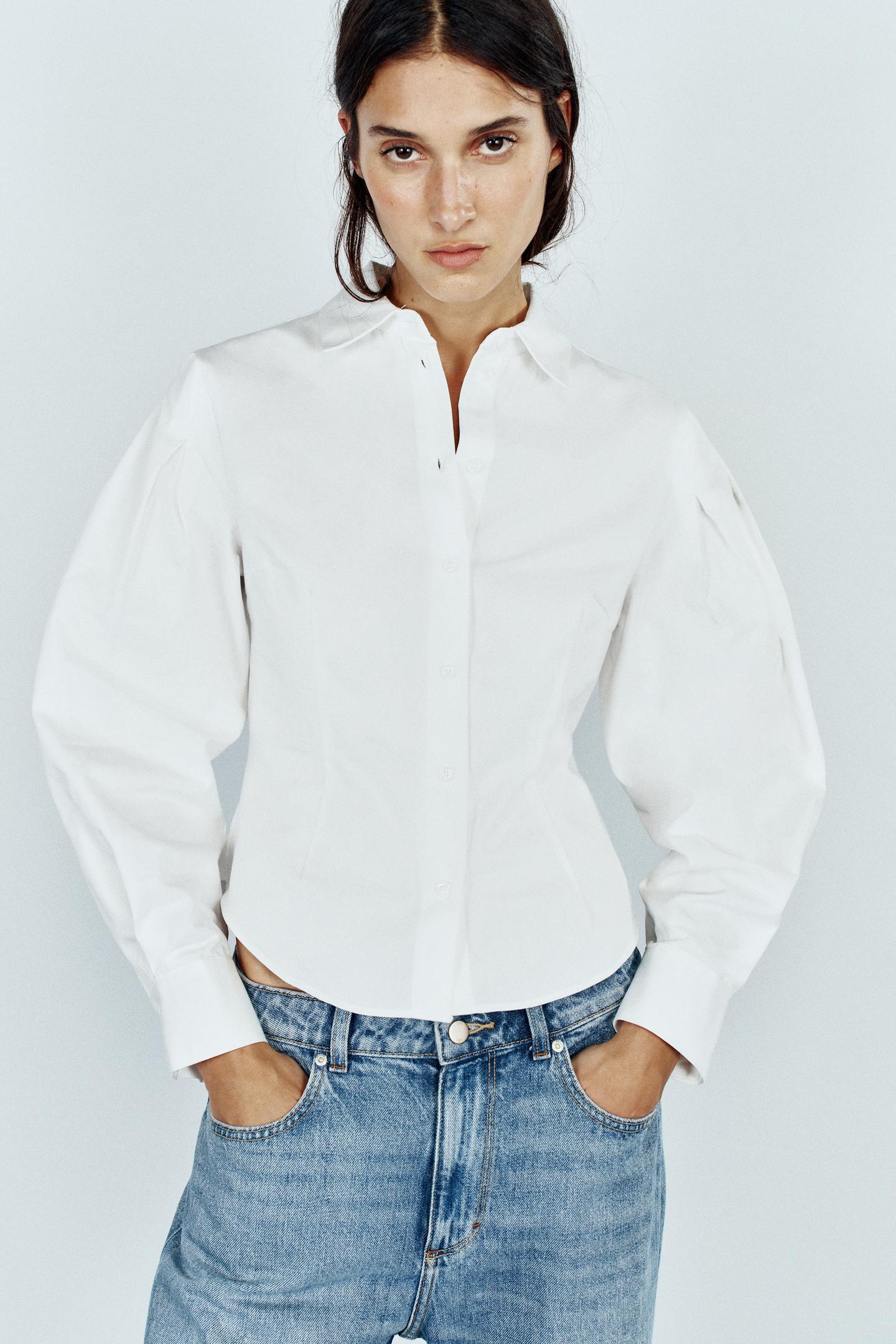 Женская рубашка Zara Pleated-Sleeve, цвет: Устричный белый — фото 2