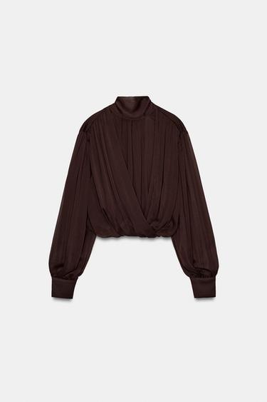 Zara DRAPED BOW BLOUSE - Brown