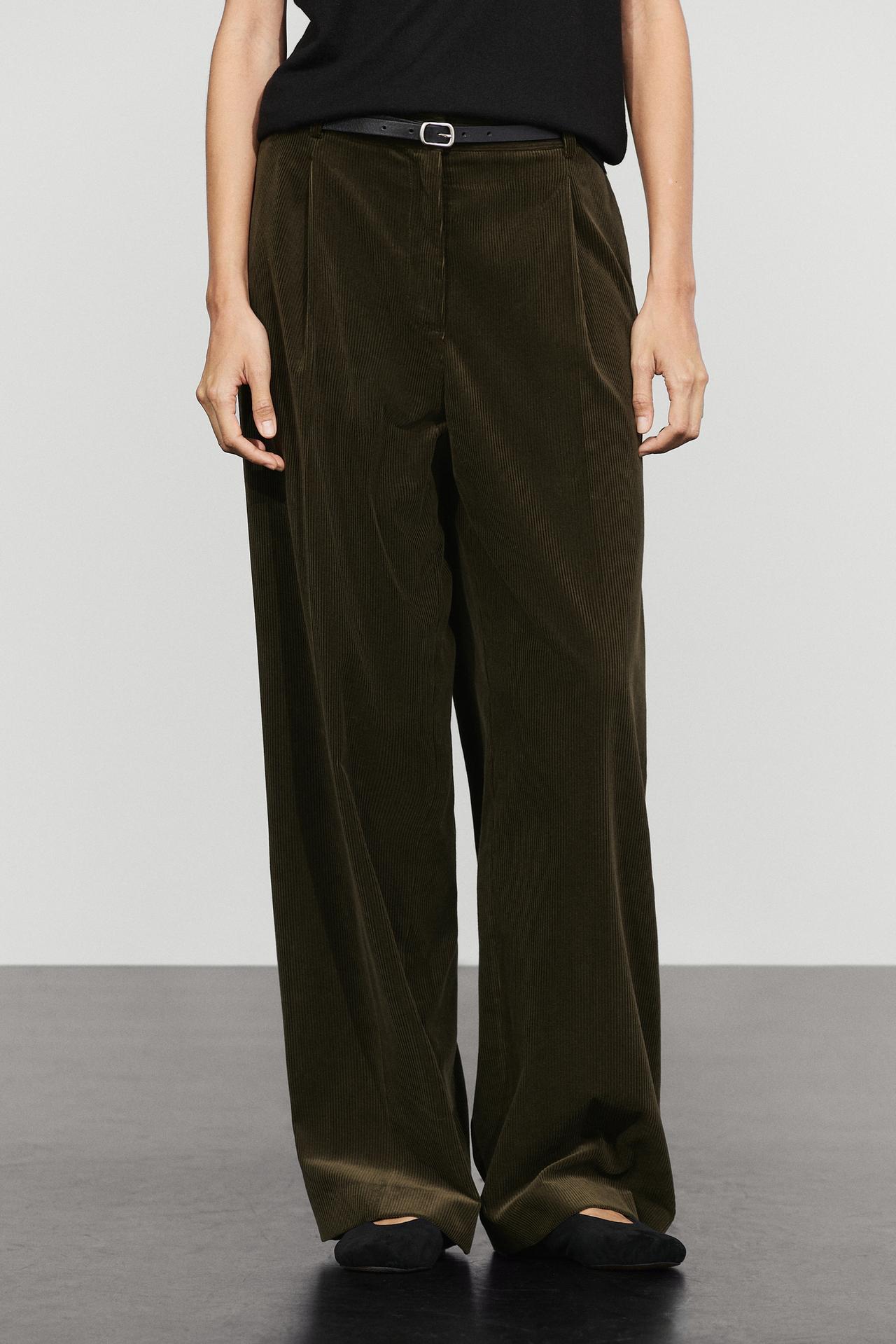 Wide-leg corduroy pants with darts — Khaki