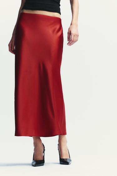SATIN MIDI SKIRT - Red by Zara