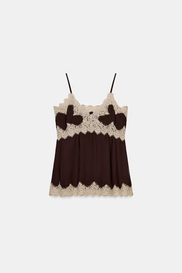 Zara ZW COLLECTION LACE CAMISOLE - Brown