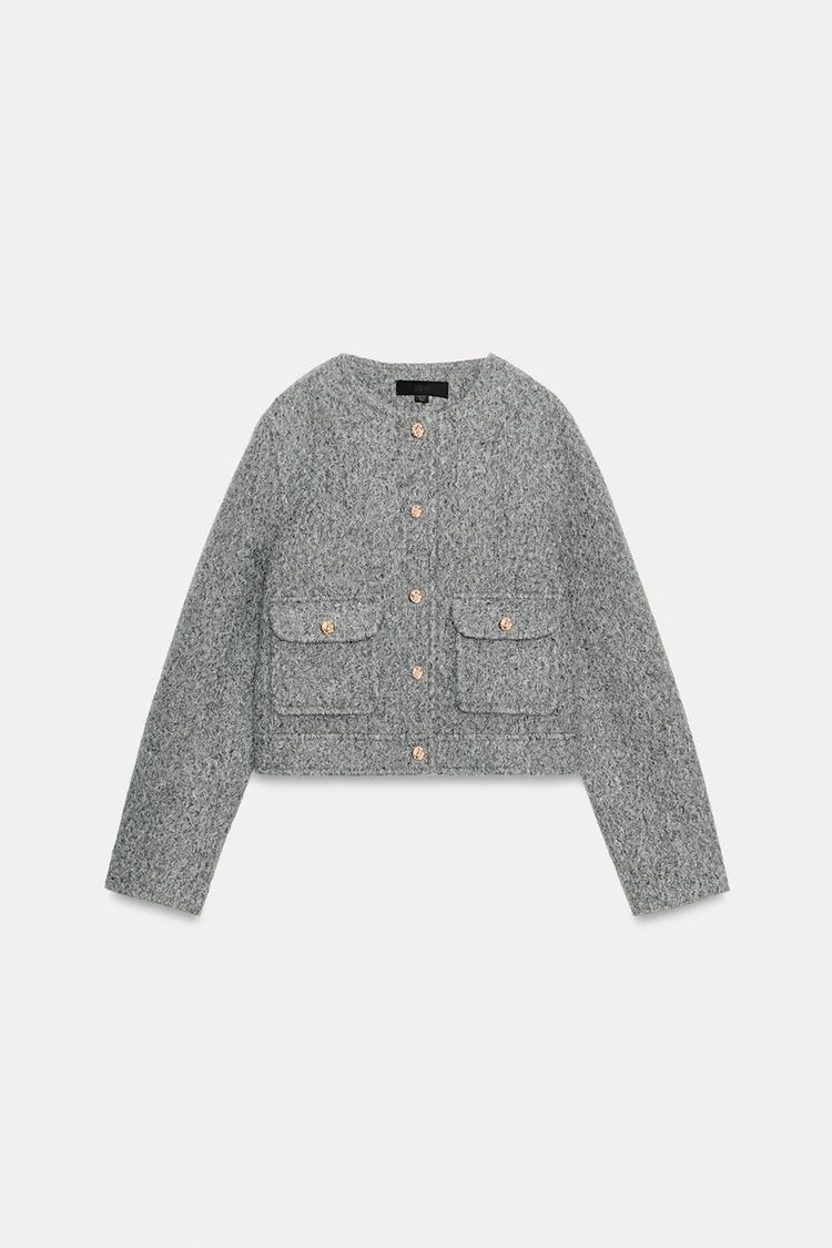 BOUCLÉ AND SUEDE JACKET WITH GOLD BUTTON