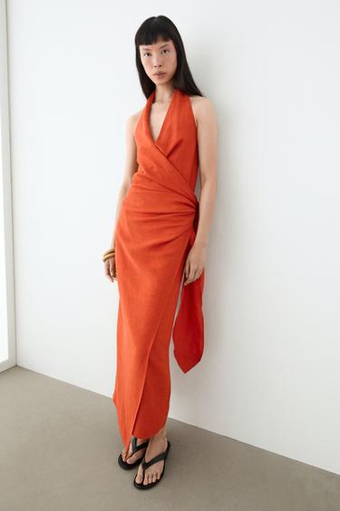 Robe midi drapée détail noué - Rouge orangé de Zara