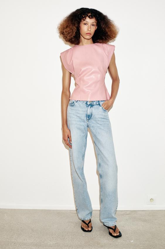 FAUX LEATHER SHOULDER PLEAT TOP