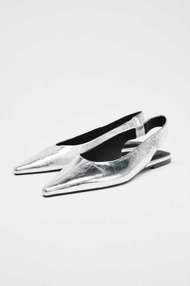 METALLIC LEATHER SLINGBACK BALLET FLATS - Silver by Zara - Image 3