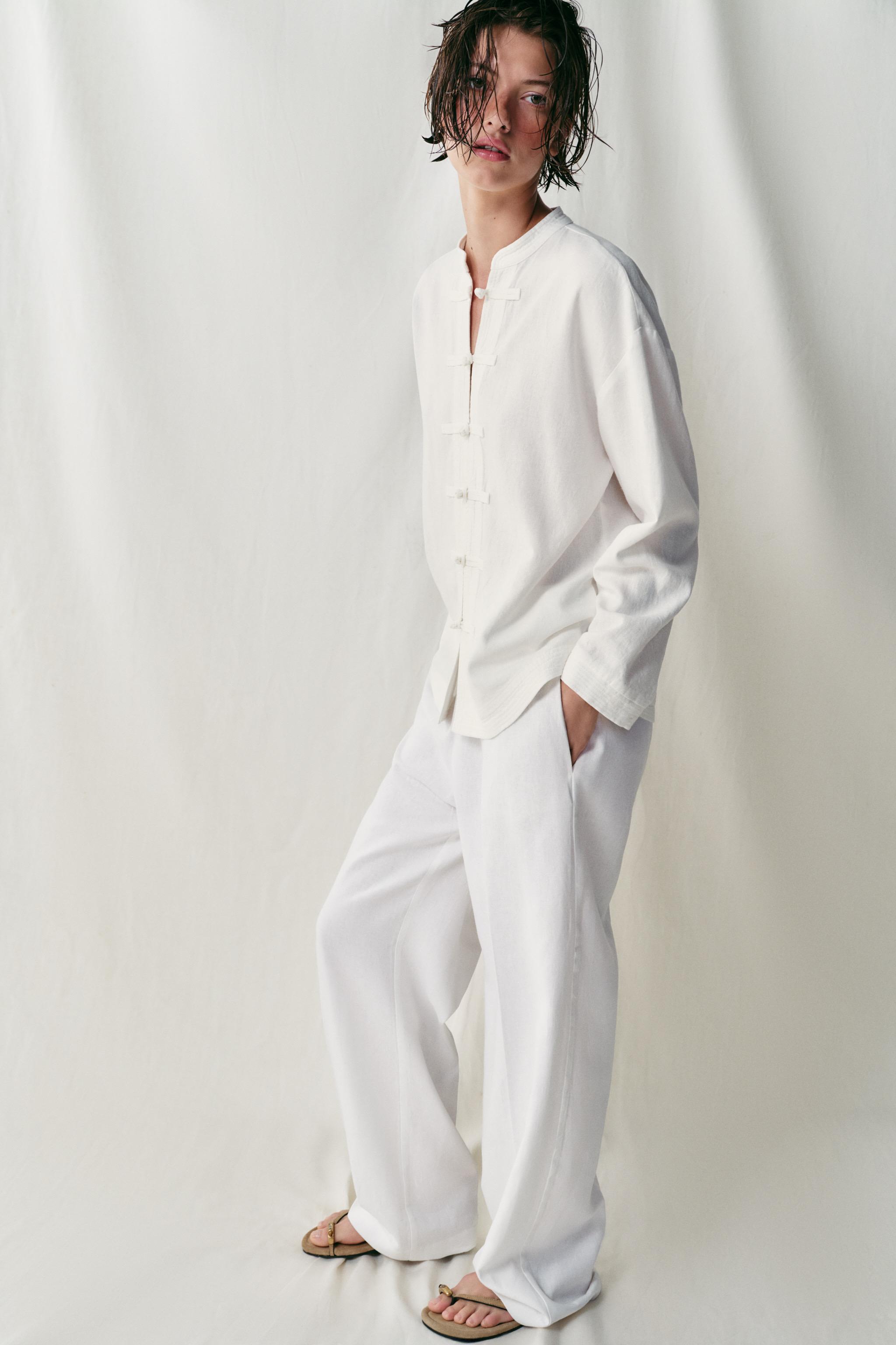 Женские рубашки Zara LINEN OVERSIZED SHIRT WITH FROG FASTENING — фото 4