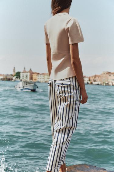 Zara STRIPED CHINO PANTS - Ecru / Navy