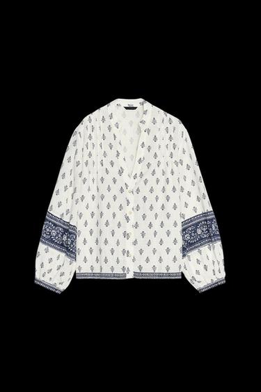 Zara BALLOON SLEEVE PRINTED BLOUSE - Ecru / Navy - Image 0