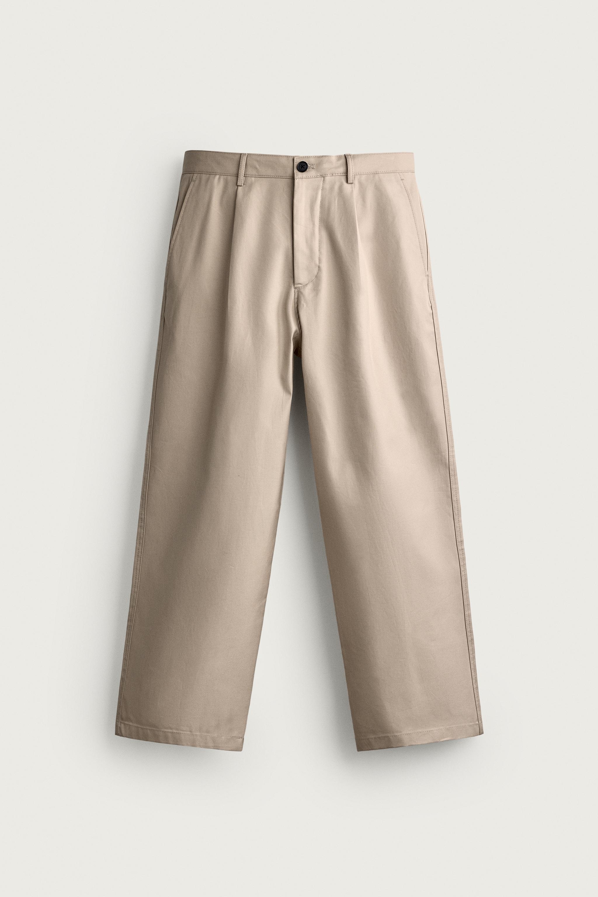 STRAIGHT FIT PLEATED PANTS — Light tan