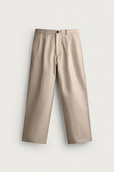 Zara STRAIGHT FIT PLEATED PANTS - Light tan