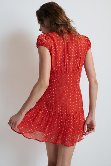 Zara POLKA DOT MINI DRESS - Red / White