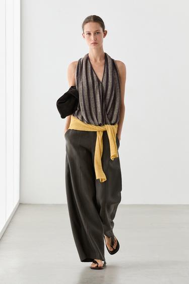 Zara Surplice top with striped detail - Brown - Image 0
